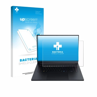 Face avant d’un emballage produit avec le logo de la marque upscreen. À côté, l’appareil Razer Blade 16 2025 est représenté av