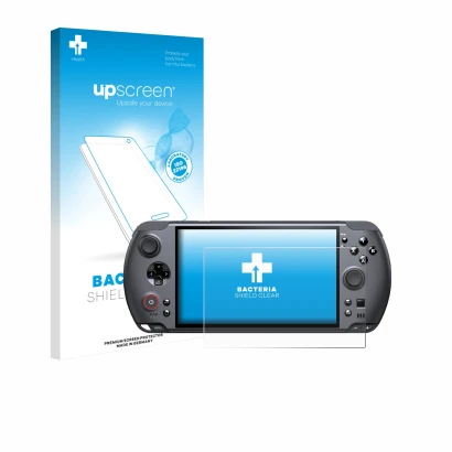 Face avant d’un emballage produit avec le logo de la marque upscreen. À côté, l’appareil GPD Win 5 est représenté avec la prot