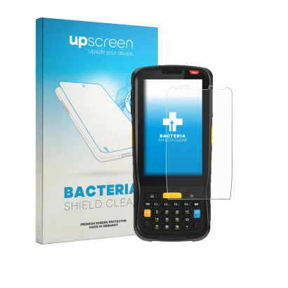 Face avant d’un emballage produit avec le logo de la marque upscreen. À côté, l’appareil Newland MT65 Beluga V est représenté