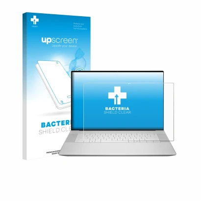 Face avant d’un emballage produit avec le logo de la marque upscreen. À côté, l’appareil Dell 16 Premium Laptop est représenté