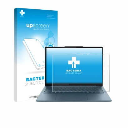 Face avant d’un emballage produit avec le logo de la marque upscreen. À côté, l’appareil Lenovo Yoga Slim 7 Gen 10 14" Touch e