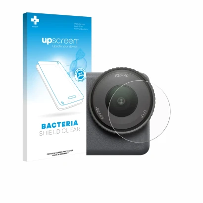 Face avant d’un emballage produit avec le logo de la marque upscreen. À côté, l’appareil DJI Osmo Action 6 (Lentille) est repr