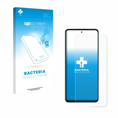 Face avant d’un emballage produit avec le logo de la marque upscreen. À côté, l’appareil Oppo A5 est représenté avec la protec