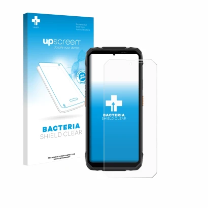 Face avant d’un emballage produit avec le logo de la marque upscreen. À côté, l’appareil Blackview Rock 1 est représenté avec 