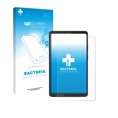 Face avant d’un emballage produit avec le logo de la marque upscreen. À côté, l’appareil Lenovo Tab K9 est représenté avec la