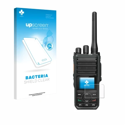 Face avant d’un emballage produit avec le logo de la marque upscreen. À côté, l’appareil Hytera HP565 est représenté avec la p
