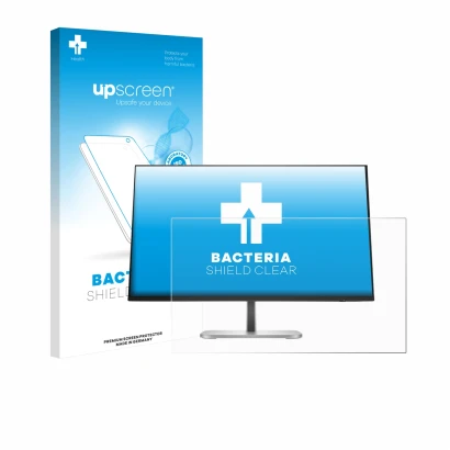 Face avant d’un emballage produit avec le logo de la marque upscreen. À côté, l’appareil HP Serie 5 Pro 524pf est représenté a
