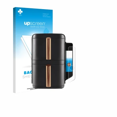 Face avant d’un emballage produit avec le logo de la marque upscreen. À côté, l’appareil Ninja Double Stack XL sl400eu est rep