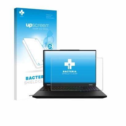 Face avant d’un emballage produit avec le logo de la marque upscreen. À côté, l’appareil XMG Apex 16 Max est représenté avec l