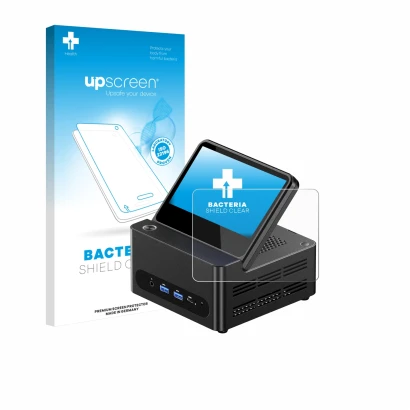 Face avant d’un emballage produit avec le logo de la marque upscreen. À côté, l’appareil AOOSTAR ‎G-FLIP H255 est représenté a