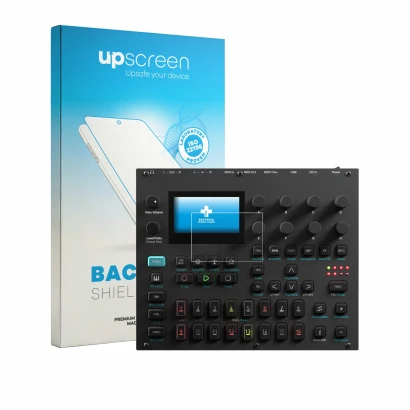 Face avant d’un emballage produit avec le logo de la marque upscreen. À côté, l’appareil Elektron Digitone II est représenté a