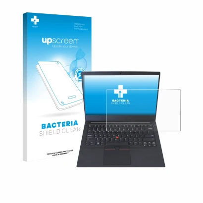 Face avant d’un emballage produit avec le logo de la marque upscreen. À côté, l’appareil Lenovo ThinkPad E14 Gen 1 est représe