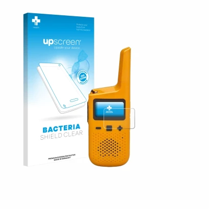 Face avant d’un emballage produit avec le logo de la marque upscreen. À côté, l’appareil Motorola Talkabout T72 est représenté