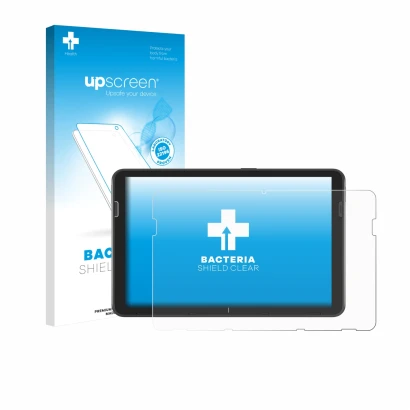 Face avant d’un emballage produit avec le logo de la marque upscreen. À côté, l’appareil Zebra ET401 10.1" est représenté avec