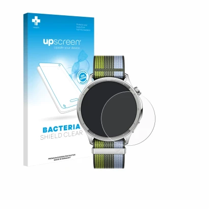 Face avant d’un emballage produit avec le logo de la marque upscreen. À côté, l’appareil Oppo Watch S est représenté avec la p