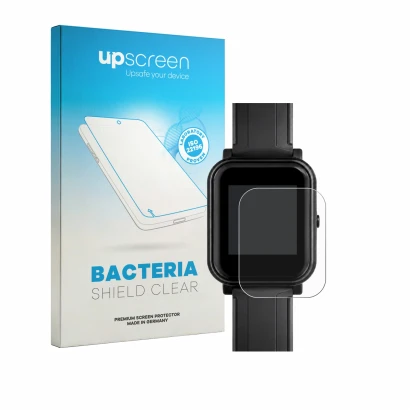 Face avant d’un emballage produit avec le logo de la marque upscreen. À côté, l’appareil Bangle.js 2 est représenté avec la pr