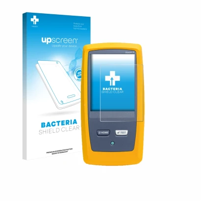 Face avant d’un emballage produit avec le logo de la marque upscreen. À côté, l’appareil Fluke DSX8000 est représenté avec la 