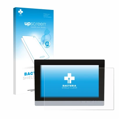 Face avant d’un emballage produit avec le logo de la marque upscreen. À côté, l’appareil WAGO Visu Panel Touch Panel 600 est r