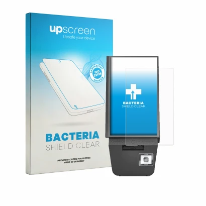 Face avant d’un emballage produit avec le logo de la marque upscreen. À côté, l’appareil Pyramid Computer POLYTOUCH® PIXI 15.6