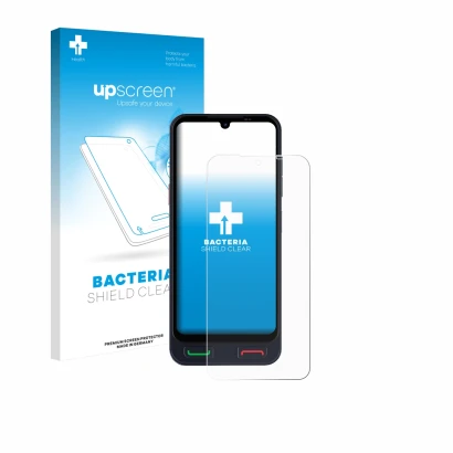 Face avant d’un emballage produit avec le logo de la marque upscreen. À côté, l’appareil SPC Zeus 2 Pro est représenté avec la