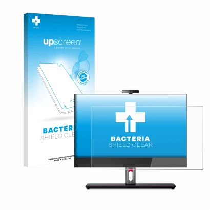 Face avant d’un emballage produit avec le logo de la marque upscreen. À côté, l’appareil Lenovo ThinkCentre M90a Gen 5 23,8" e