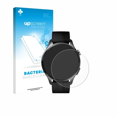 Face avant d’un emballage produit avec le logo de la marque upscreen. À côté, l’appareil Xiaomi Watch 5 (47 mm) est représenté