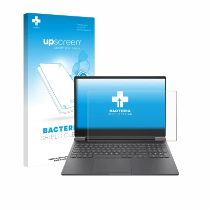 Face avant d’un emballage produit avec le logo de la marque upscreen. À côté, l’appareil HP Victus 16-r0024nf est représenté a