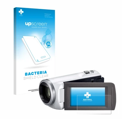Face avant d’un emballage produit avec le logo de la marque upscreen. À côté, l’appareil Panasonic HC-V480MS est représenté av