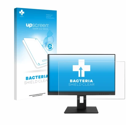 Face avant d’un emballage produit avec le logo de la marque upscreen. À côté, l’appareil ASUS BE24EQSB est représenté avec la 