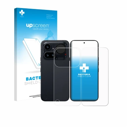 Face avant d’un emballage produit avec le logo de la marque upscreen. À côté, l’appareil Nothing Phone (4a) Pro (Avant+Arrière