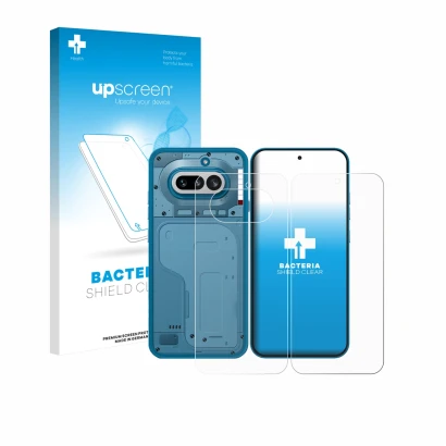 Face avant d’un emballage produit avec le logo de la marque upscreen. À côté, l’appareil Nothing Phone (4a) (Avant+Arrière) es