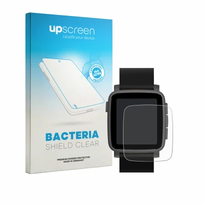 Face avant d’un emballage produit avec le logo de la marque upscreen. À côté, l’appareil Pebble Time 2 2026 est représenté ave