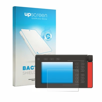 Face avant d’un emballage produit avec le logo de la marque upscreen. À côté, l’appareil Müller Elektronik SMART570 est représ