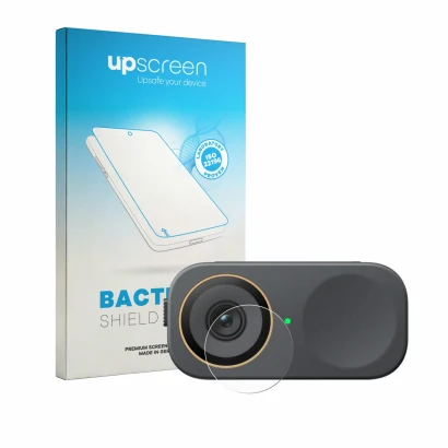 Face avant d’un emballage produit avec le logo de la marque upscreen. À côté, l’appareil Insta360 Link 2C Pro (Lentille) est r