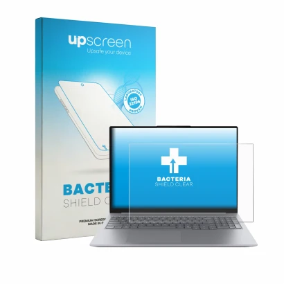 Face avant d’un emballage produit avec le logo de la marque upscreen. À côté, l’appareil Lenovo ThinkBook 16 Gen 9 est représe