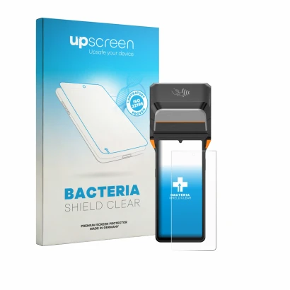 Face avant d’un emballage produit avec le logo de la marque upscreen. À côté, l’appareil Sunmi V3 Plus est représenté avec la