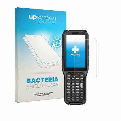 Face avant d’un emballage produit avec le logo de la marque upscreen. À côté, l’appareil Urovo RT40S est représenté avec la pr