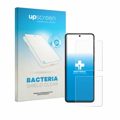 Face avant d’un emballage produit avec le logo de la marque upscreen. À côté, l’appareil Motorola Razr 70 est représenté avec 