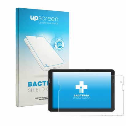 Face avant d’un emballage produit avec le logo de la marque upscreen. À côté, l’appareil Zebra ET401 8" est représenté avec la