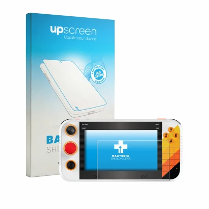 Face avant d’un emballage produit avec le logo de la marque upscreen. À côté, l’appareil My Arcade Atari Gamestation Go Portab