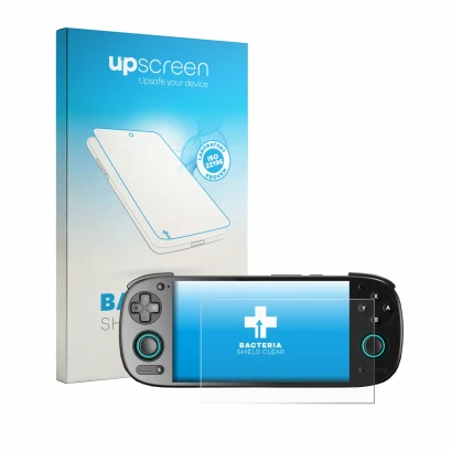 Face avant d’un emballage produit avec le logo de la marque upscreen. À côté, l’appareil Retroid Pocket 5 est représenté avec 