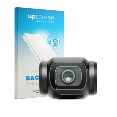 Face avant d’un emballage produit avec le logo de la marque upscreen. À côté, l’appareil DJI Osmo Pocket 4 (Lentille) est repr