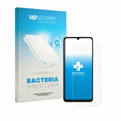 Face avant d’un emballage produit avec le logo de la marque upscreen. À côté, l’appareil Honor Play 70C est représenté avec la