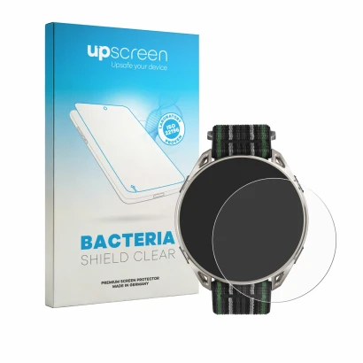 Face avant d’un emballage produit avec le logo de la marque upscreen. À côté, l’appareil Amazfit Cheetah 2 Ultra est représent