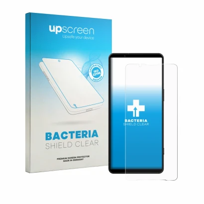 Face avant d’un emballage produit avec le logo de la marque upscreen. À côté, l’appareil Sony Xperia 1 VIII est représenté ave