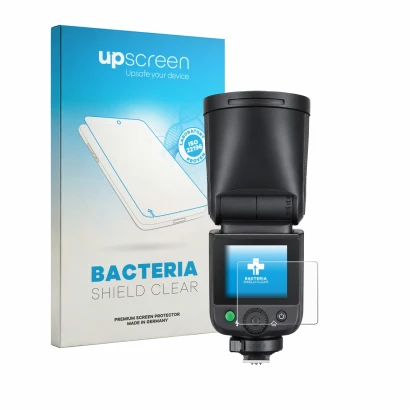 Face avant d’un emballage produit avec le logo de la marque upscreen. À côté, l’appareil Godox V1 mid est représenté avec la p