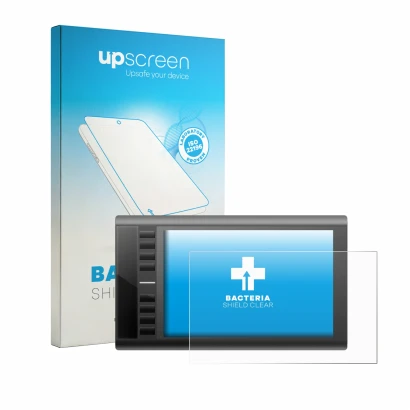 Face avant d’un emballage produit avec le logo de la marque upscreen. À côté, l’appareil Ugee M708 est représenté avec la prot