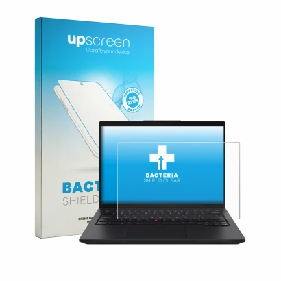 Face avant d’un emballage produit avec le logo de la marque upscreen. À côté, l’appareil Lenovo ThinkPad L14 Gen 7 est représe
