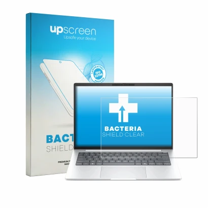 Face avant d’un emballage produit avec le logo de la marque upscreen. À côté, l’appareil HP EliteBook 8 G2a 14" est représenté