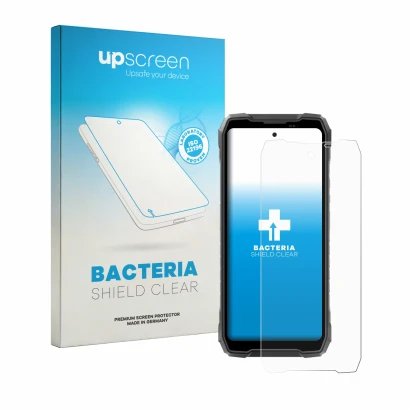 Face avant d’un emballage produit avec le logo de la marque upscreen. À côté, l’appareil Blackview Rock 5 est représenté avec 